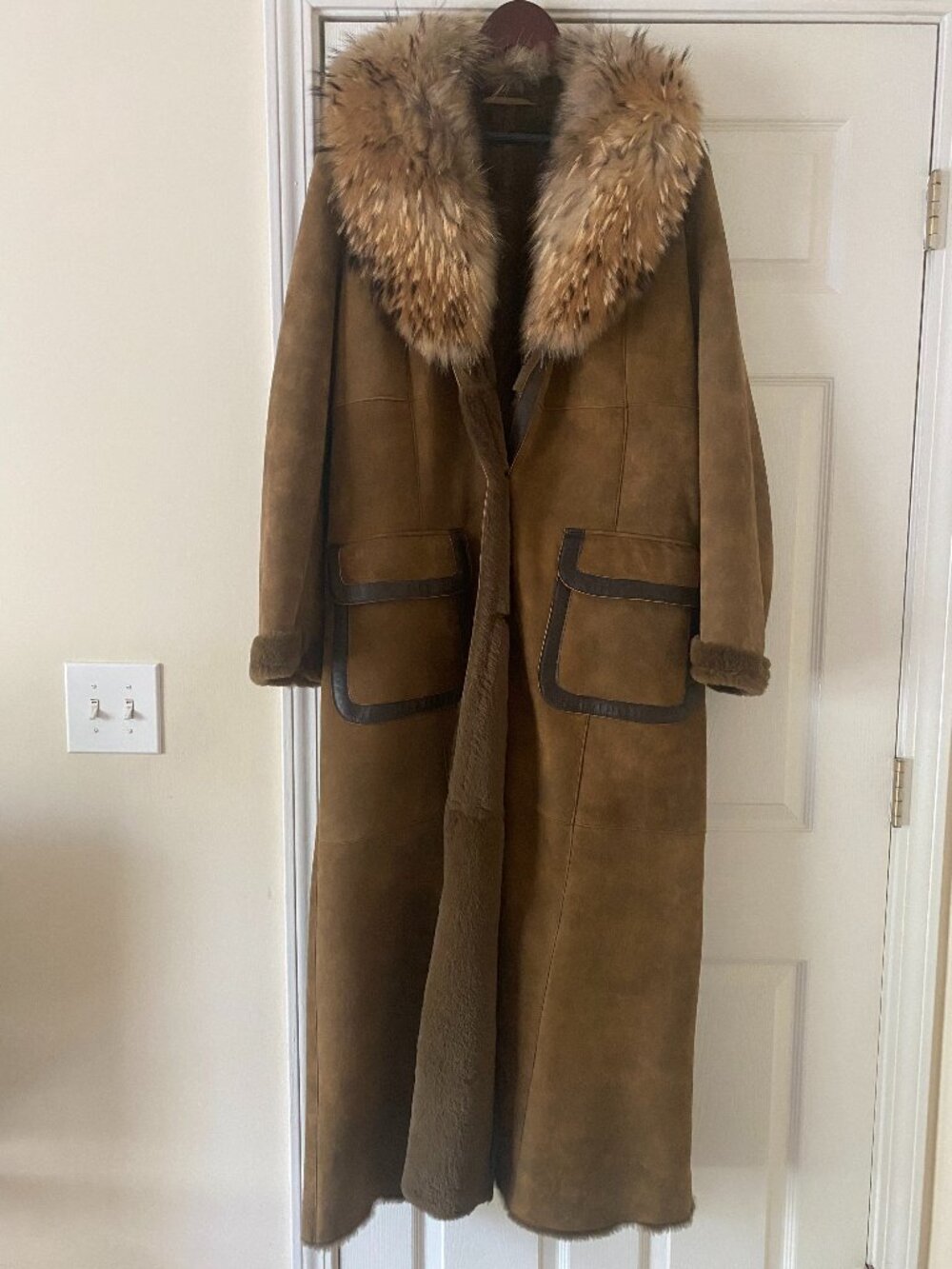 Leather Shearling Finn Raccoon Collar Coat Size 50